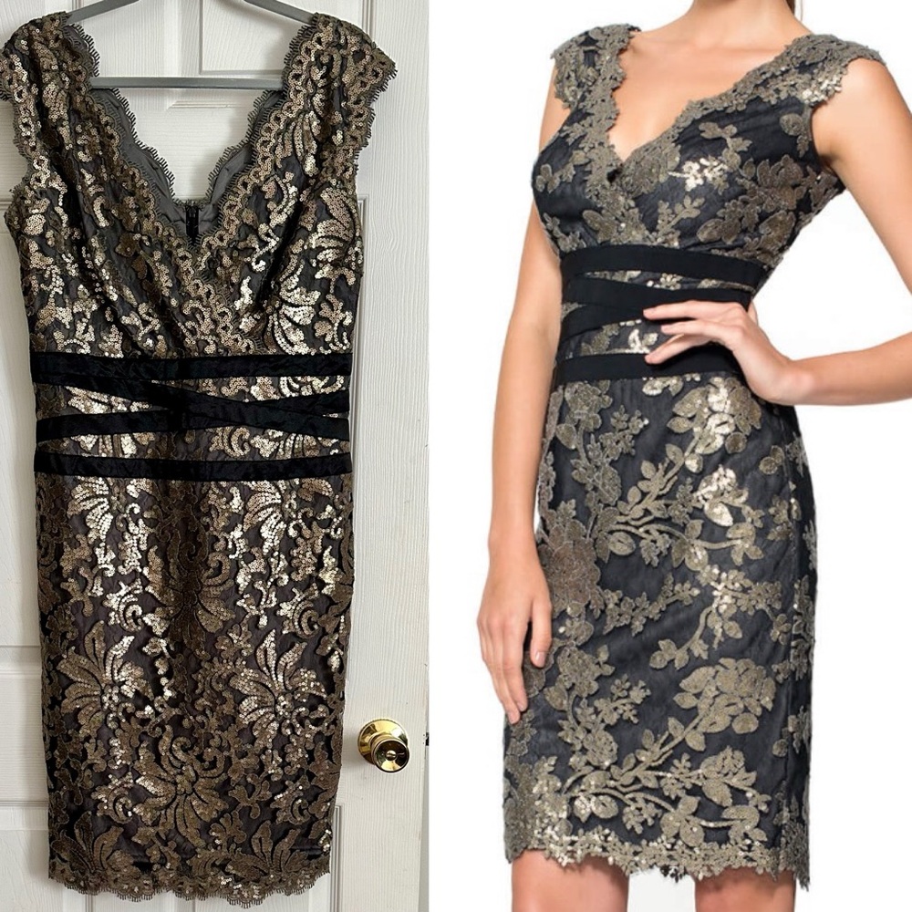 Tadashi Shoji
Paillette Embroidered Black and Gold
Lace Dress Size 14 EUC - Picture 4 of 6